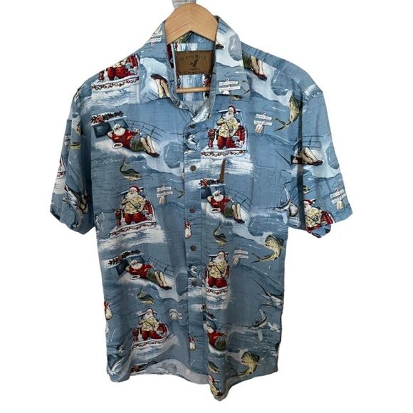 Men't Button Down Holiday Shirt - Santa Fishing & Boating - Size Large - Picture 1 of 8